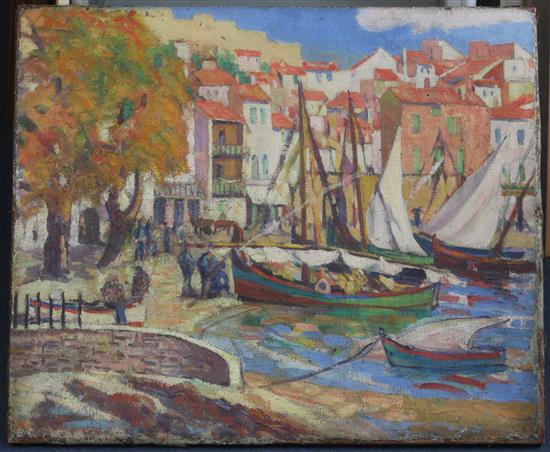 Hilary Clements Hassell (fl.1911-1936) Nice harbour, 25 x 30in., unframed